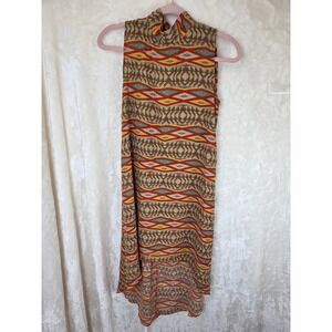 My Story Womens Geometric Tribal Print High Neck Open Back Tie Top Orange Medium